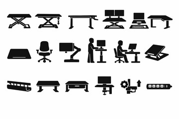Collection of various office furniture and technology icons including desks and computers