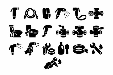 Bathroom and plumbing tools: bidet sprayers, hoses, wrenches, and valves icons set