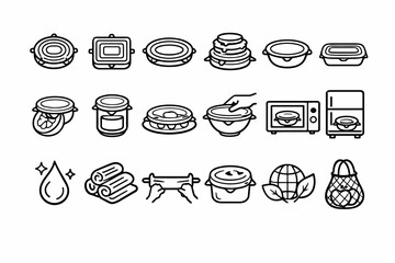 Food preservation and preparation icon set in line art style