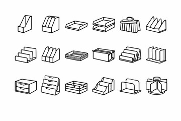 Minimalist line art of various office organizers