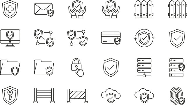 Professional linear cybersecurity icon set featuring data protection shields encrypted email secure cloud storage server safety and biometric fingerprint authentication.