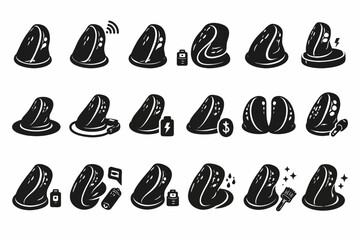 Black vector icons of hearing aids with various features and accessories