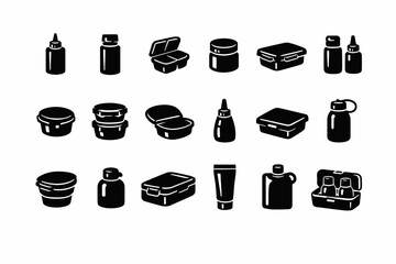 Silhouette collection of various bottles and containers in rows