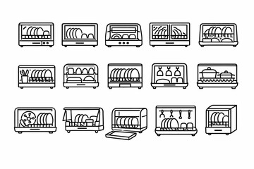 Kitchen dish racks and organizers collection line art icons set