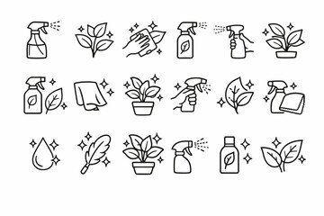 Eco-friendly cleaning icons: spray bottles, plants, sustainable practices