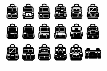 Collection of diverse backpack silhouettes displaying varied styles and designs