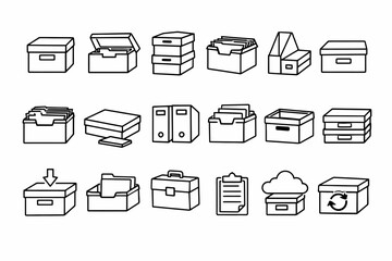 Collection of various outline file storage and organization icons