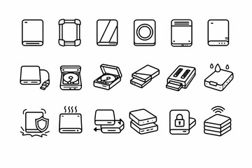 Outline icons of modern external hard drives and accessories