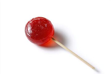 Red lollipop candy stick sweet sugar glossy round treat snack simple minimal white background studio light clean detail shine confection dessert childhood nostalgia playful mood