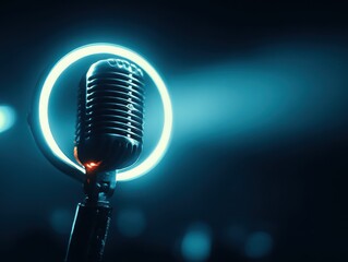 Vintage microphone with glowing ring in dimly lit performance venue  