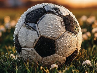 Wet soccer ball resting on grass with dew drops in evening light  