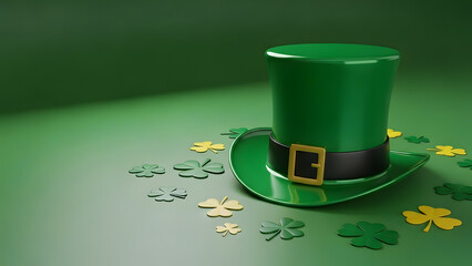 Leprechaun hat and shamrocks on green background for st patrick's day