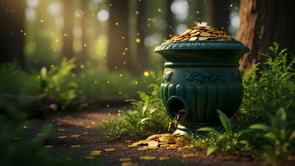A green urn filled with gold coins in a forest