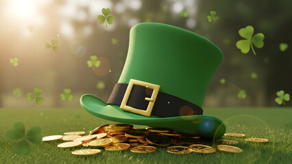 Leprechaun's gold treasure with green hat and shamrocks