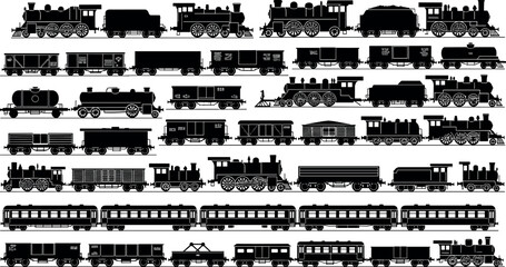 Vintage Steam Locomotive Train Silhouette Set with Antique Engine Carriages Passenger Coaches Freight Wagons and Rail Transport Design Elements Vector © MDBABUL