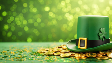 St patrick's day green top hat with gold coins and shamrock