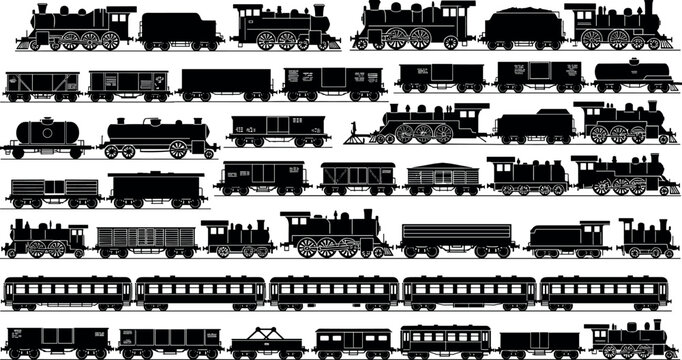 Vintage Steam Locomotive Train Silhouette Set with Antique Engine Carriages Passenger Coaches Freight Wagons and Rail Transport Design Elements Vector