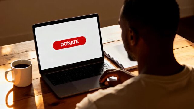 Man viewing donate button on laptop screen while sitting at wooden desk in warm home office environment, 4k video