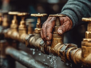 Man's hand adjusting faucet with water dripping from valve  