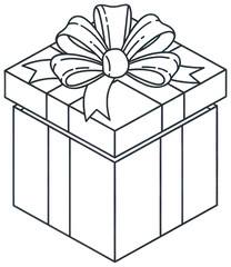 Isometrically drawn black outline illustration of square gift box with open lid and decorative ribbon bow on top