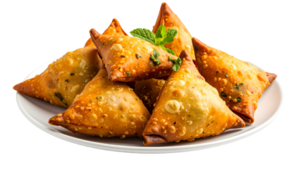 Golden-brown savory pastries, stacked on a white plate, garnished with fresh herbs