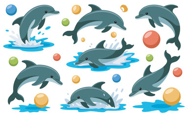 Collection of cartoon dolphins jumping and playing in the water © 弗莱彻