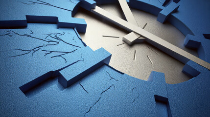 Deconstructed analog clock face with fragmented clock hands arranged in perfect isometric perspective. Cool steel blue and silver palette.