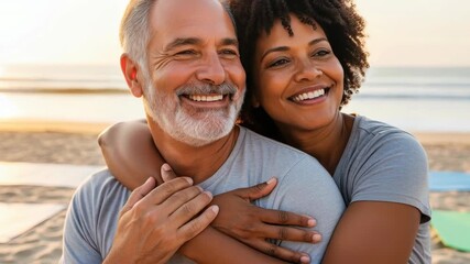 happy middle aged interracial couple embracing on a sunny beach, smiling and relaxing together during a peaceful seaside getaway, 4k video