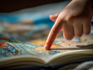 Child?s finger gently tracing colorful illustrations on an open storybook, capturing moments of curiosity and early learning in natural light