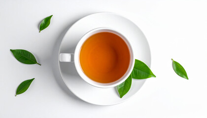 A white cup of amber tea on a saucer surrounded by scattered green tea leaves on a white surface