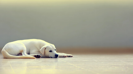 White dog is lying stretched out on smooth cool tiles in cozy room on the gray wall background. Cool indoor calm and safety. Serenity and shelter.