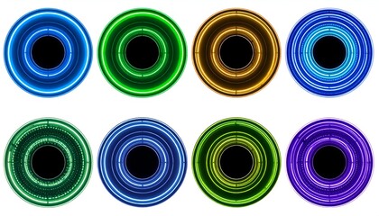 Eight concentric circular designs in varied neon colors, each with a black center