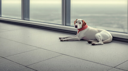White dog is lying stretched out on smooth tiles in cozy room. Blurred heat haze outside contrasts with cool indoor calm and safety. Serenity, shelter