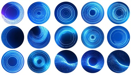 Fifteen luminous, circular designs showcasing blue glowing abstract patterns and textures