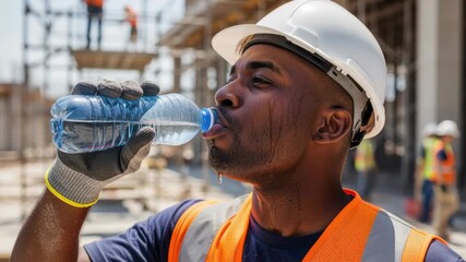 construction worker in safety gear drinking water on hot day to stay hydrated and safe at active building site outdoors, 4k video
