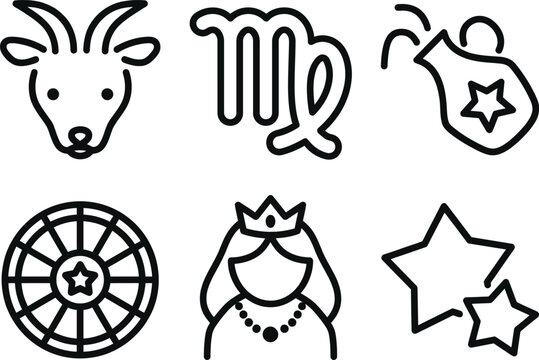 Zodiac signs and symbols in simple line art style on white background astrology horoscope capricorn virgo taurus