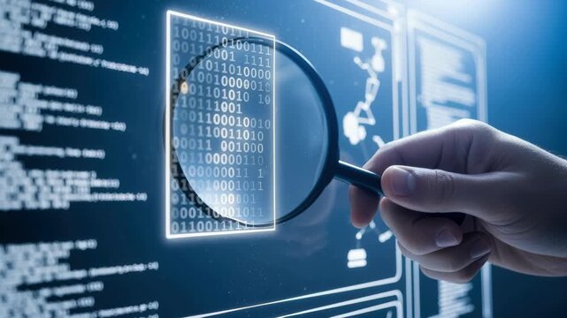 Cybersecurity analyst examining binary code on digital screen with magnifying glass for data protection and threat detection, 4k video