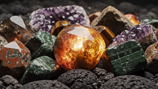 A captivating collection of raw, unpolished gemstones, faceted and glinting with internal fire and natural brilliance, displayed in close-up detail.