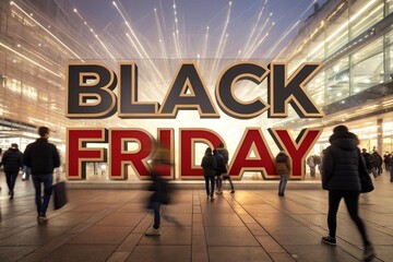 Large Black Friday Sign in City Shopping District with Shoppers and Light Trails