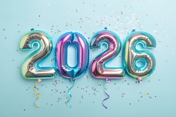 Iridescent Foil Balloons Forming 2026 on Blue Background with Confetti