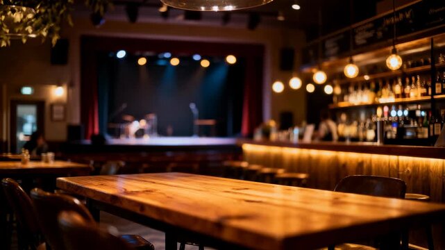 Empty wooden table in cozy dimly lit bar interior with warm string lights and blurred stage in the background at night, 4k video