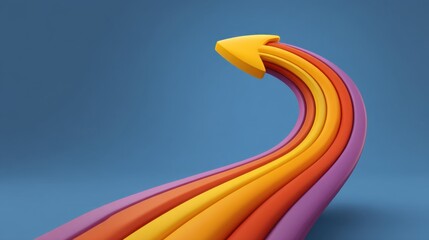 Colorful arrow made of curved lines in vibrant pink, purple, orange, and yellow hues along a soft blue background indicating upward direction in abstract design