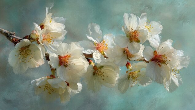 A delicate, painterly image of white blossoms in full bloom against an ethereal, turquoise backdrop