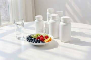 Vitamins and Supplements Bottles with Fresh Fruit and Water Glass
