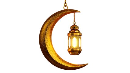 Golden crescent moon with ornate hanging lantern isolated on white background image © GrafixVector