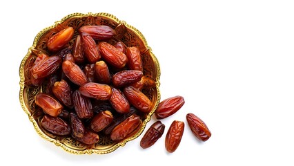 Golden ornate bowl filled with ripe brown dates scattered on white fruit food