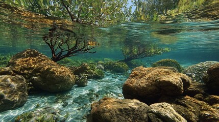 Underwater scene; clear water, rocks, plants, and partial view above surface