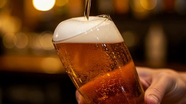 Golden beer being poured into a tilted glass with frothy foam head in a warm bar setting and soft ambient evening light, 4k video