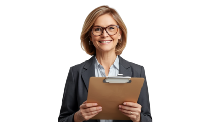 A smiling businesswoman holding a clipboard on transparent background