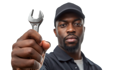 A black man holding a wrench on transparent background